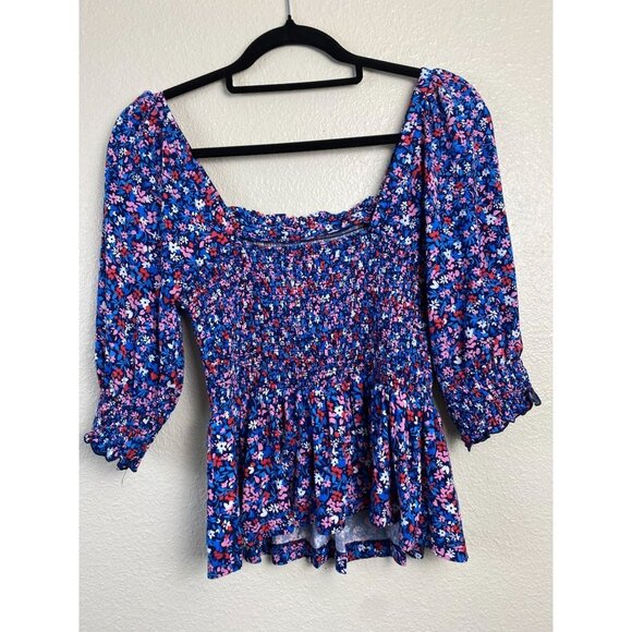 Draper James Floral Smocked babydoll top Blouse Womens sz XS Purple square neck - Picture 1 of 10